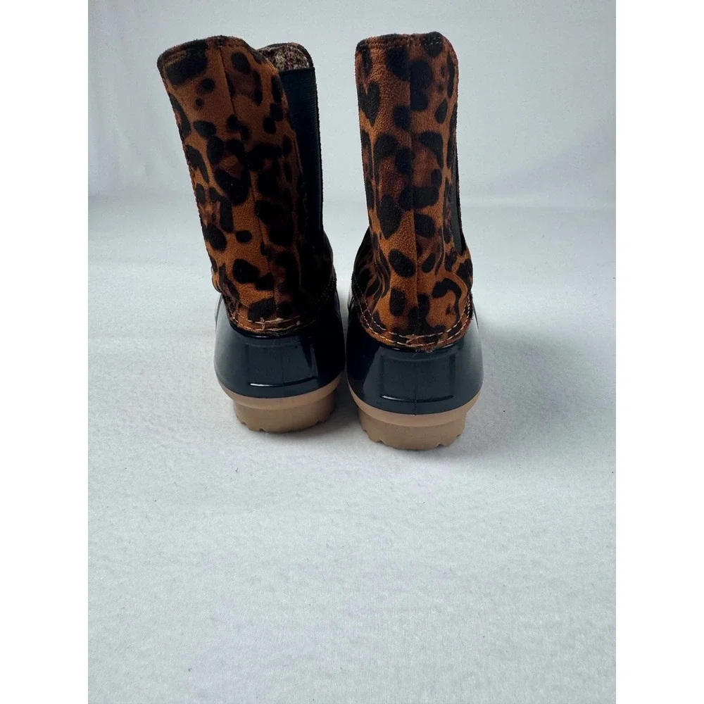 Leopard Print ZBY Women 7.5 Duck Boots Black Brown Waterproof Ankle Chelsea Boot